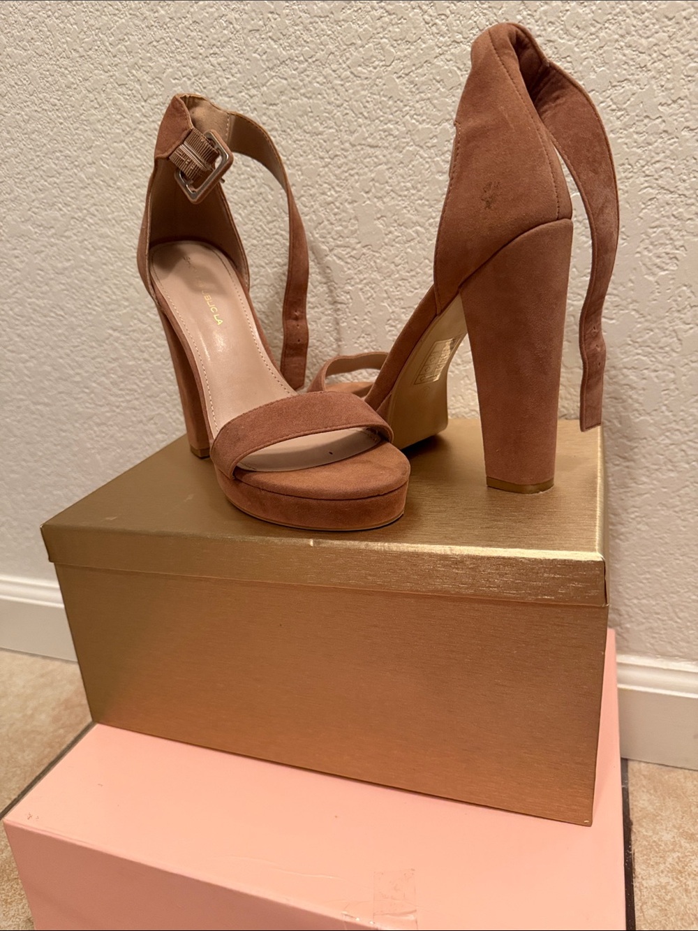 Shoe Republic LA Suede Ankle-Strap Block Heel Sandals - Brown